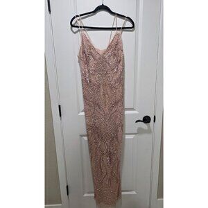 Aidan Mattox Blush Pink Sequin Beaded Gown With Spaghetti Straps Sheer Overlay &